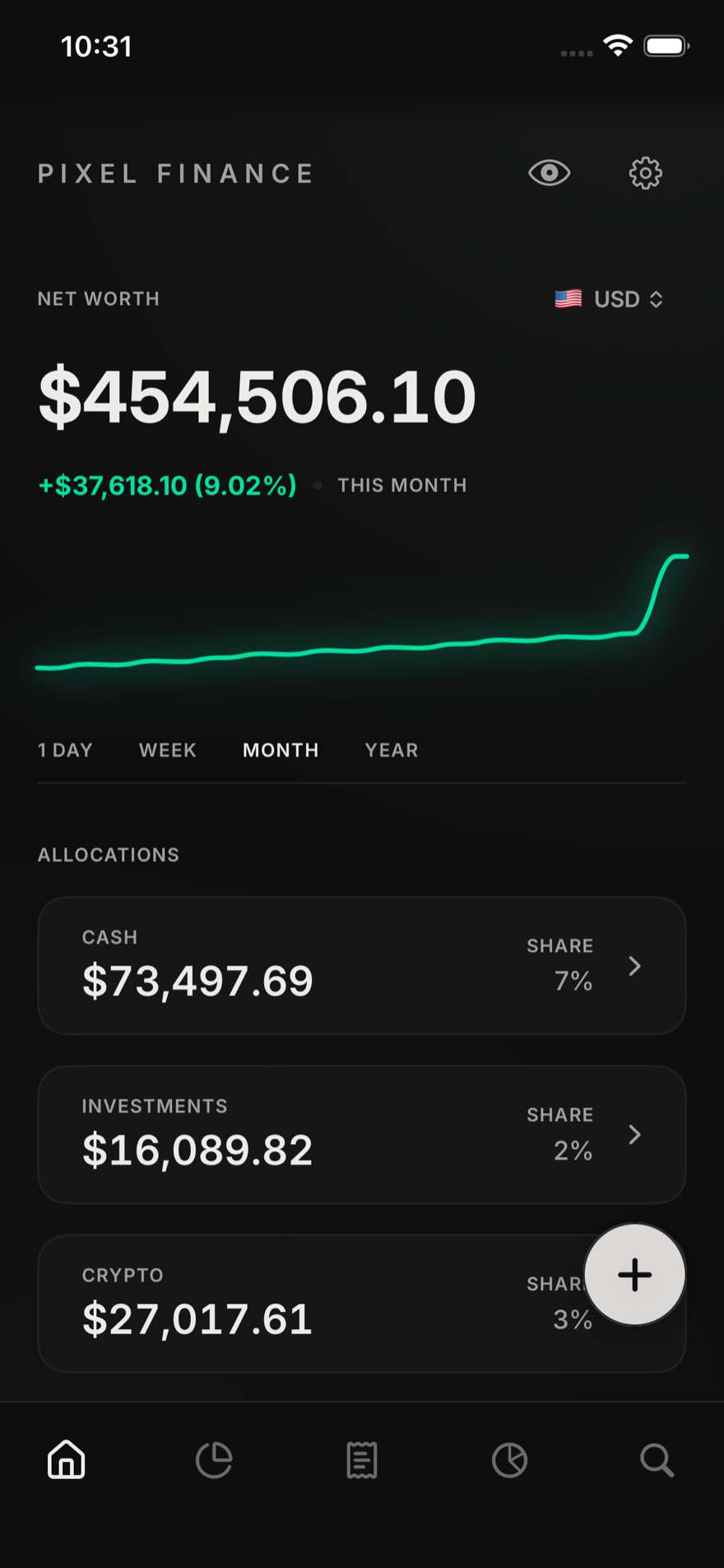 Pixel Finance home screen showing the net worth dashboard