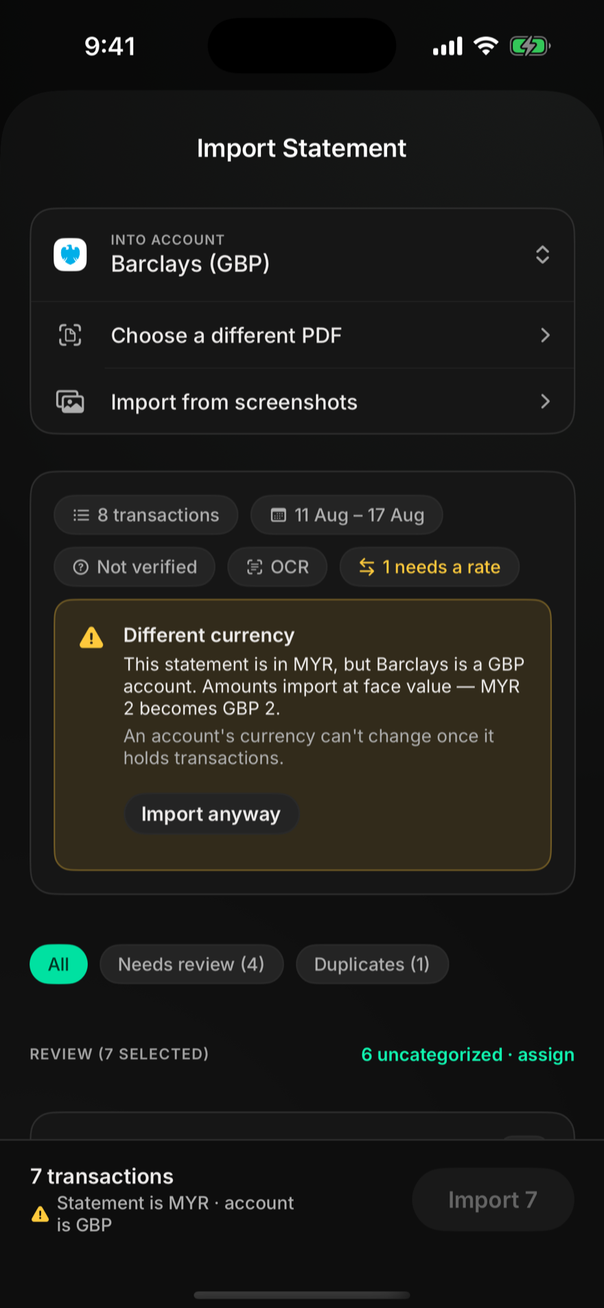 Statement import review with OCR badge, duplicate detection and a currency mismatch warning