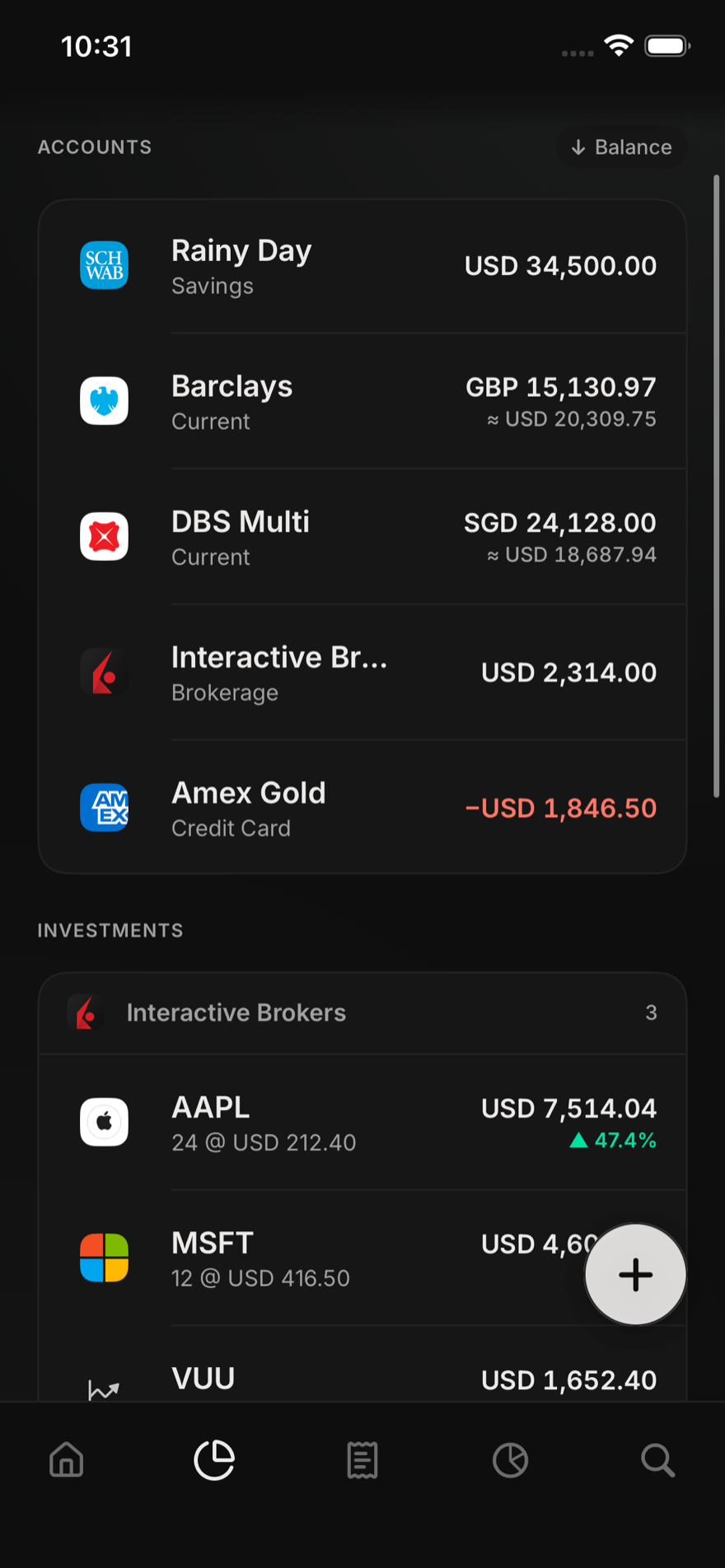 Portfolio screen with accounts and investments across GBP, SGD and USD